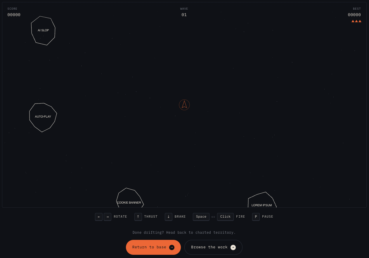 Adrift mid-play, wave 01 in the HUD. Ship at centre, four annoyances drifting in — AI SLOP, AUTO-PLAY, COOKIE BANNER, LOREM IPSUM — score and lives tracking at the top.